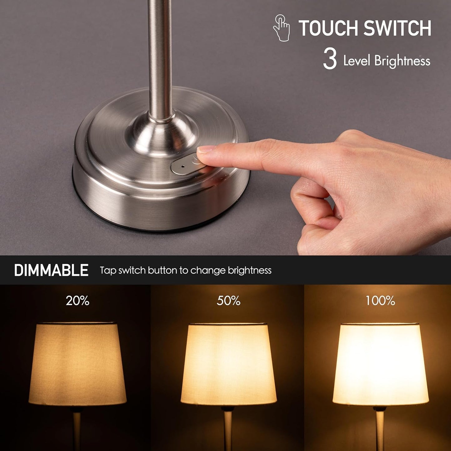Cordless LED Table Lamp with Dimmer - O’Bright Seraph, Rechargeable Battery, 3-Level Brightness, Perfect for Patio & Bedside