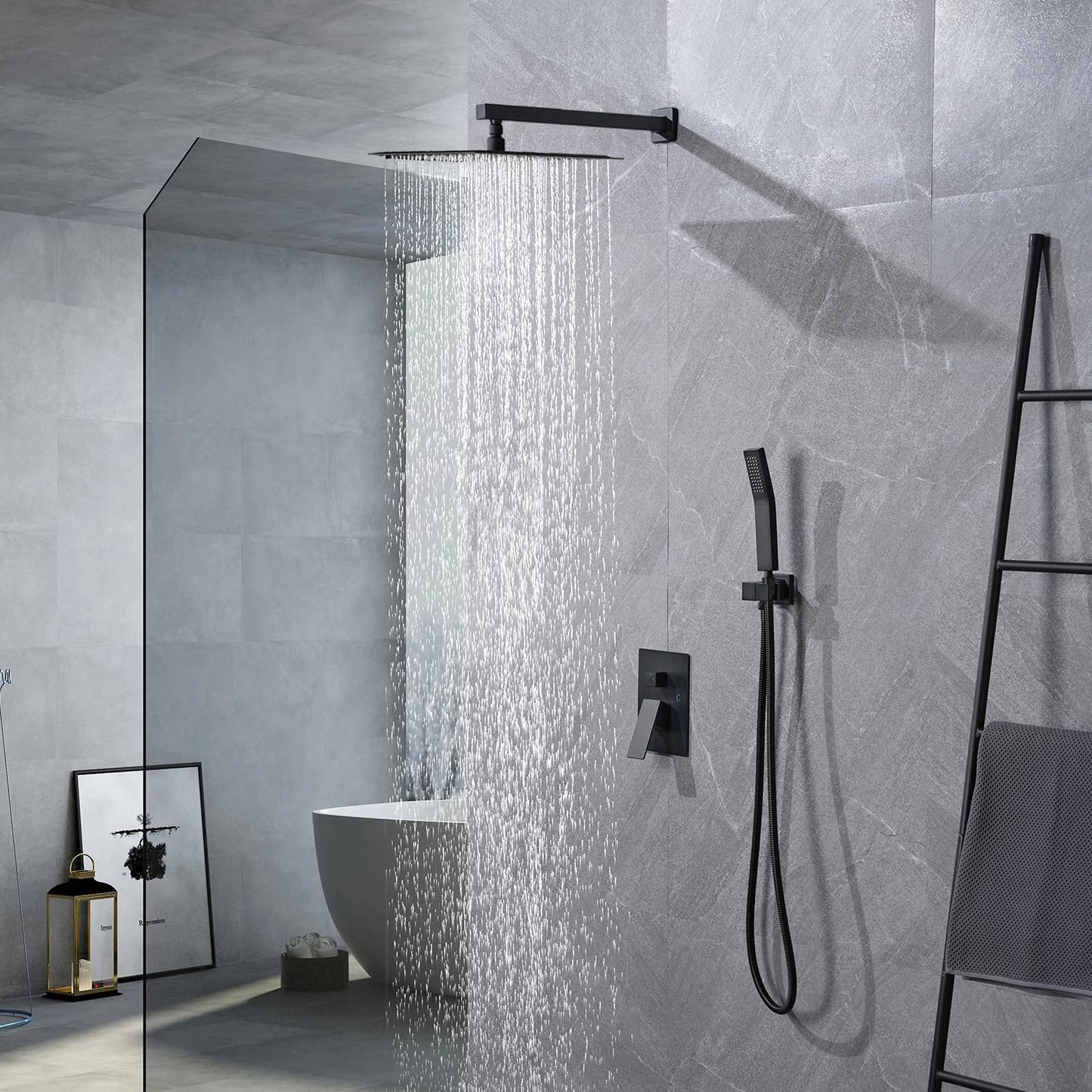12 Inch Shower Faucet Set Matte Black Shower System with Square Shower Head and Handle Set, Wall Mounted Shower Fixtures Solid Brass Pressure Balancing Shower Mixer Valve, Matte Black
