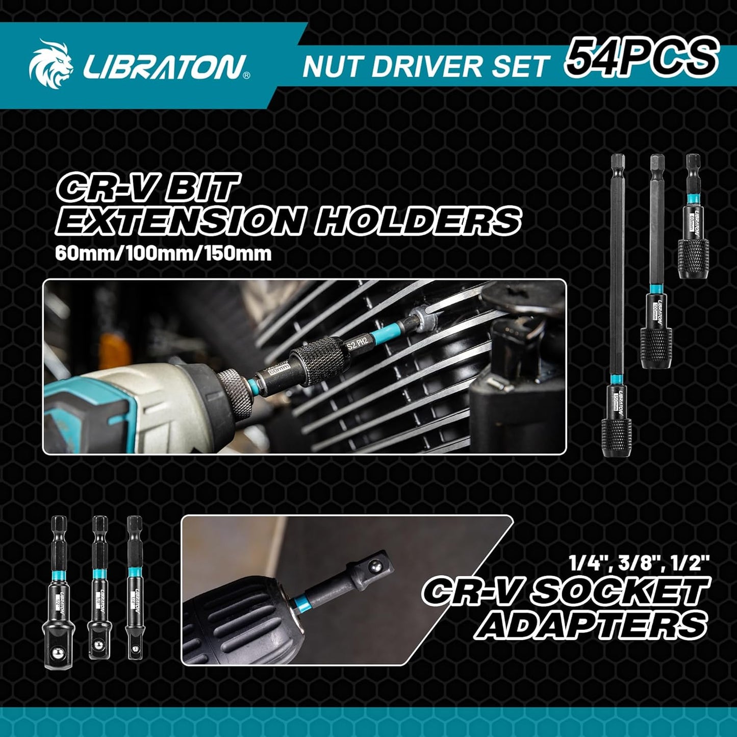 54PCS Magnetic Nut Driver Set - Impact Drill Bit & Socket Adapter with Quick-Release Extension