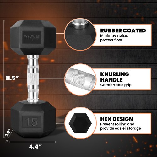 Yes4All Cast Iron - Chrome Grip Hex Dumbbell - 15 lbs - Single