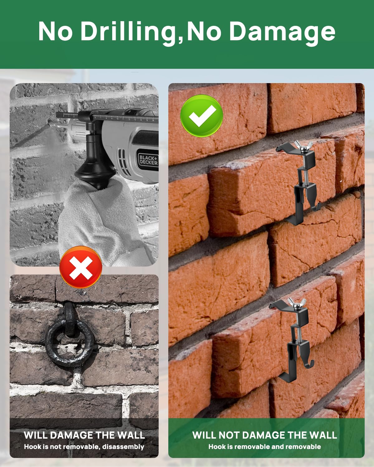 Stalishare Brick Clips, Brick Hangers Hooks for Hanging Outdoors No Drill, 1.97-2.91 inches Adjustable Brick Wall Clips, Metal Brick Picture Hangers No Damage (Pack of 4, Black)