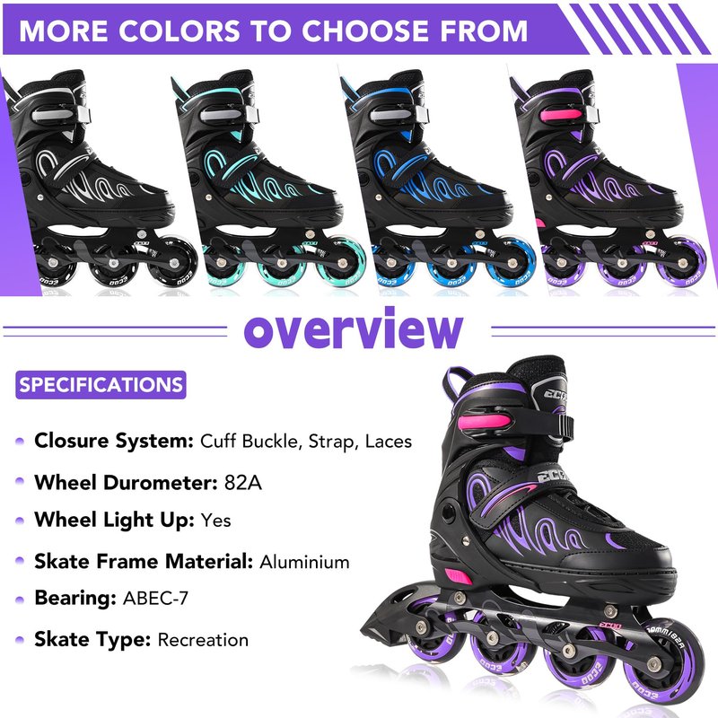 ECOO Inline Skates for Girls and Boys Ages 5-8 8-12 Light up Wheels, Adjustable Size Roller Skates Blades Kids Adult Women Outdoor