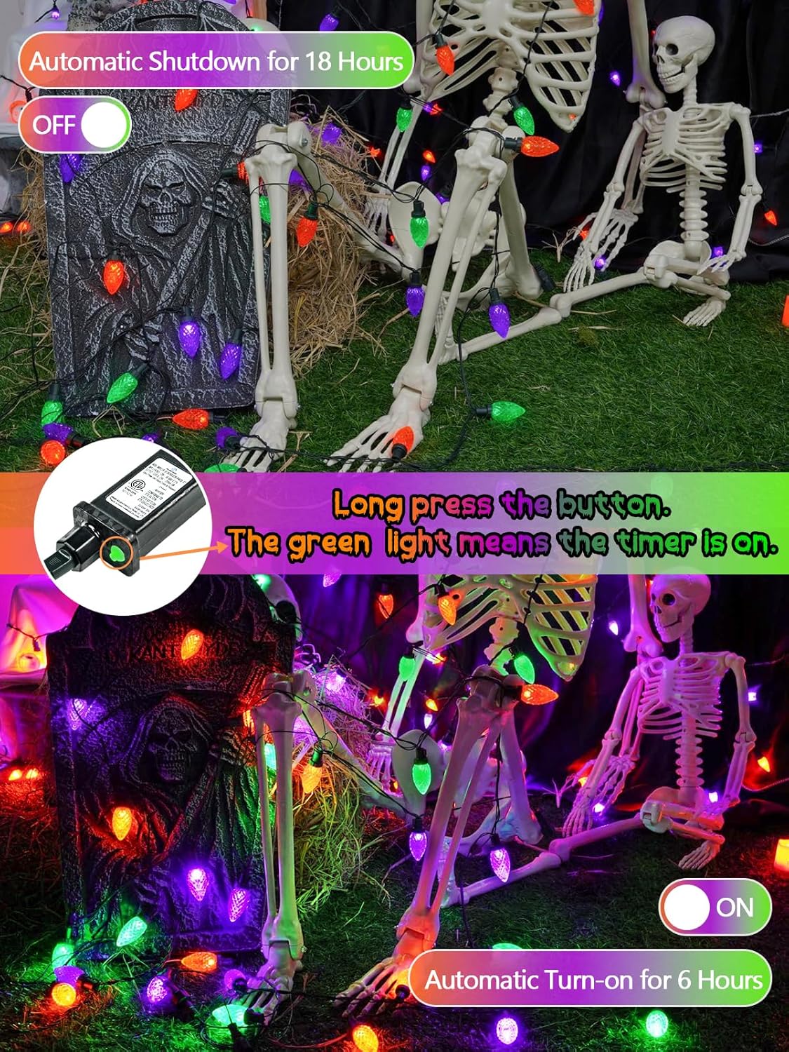 100 LED C9 Halloween String Lights - 66FT Waterproof Twinkle Lights with 8 Modes & Timer for Indoor/Outdoor Decor (Orange, Purple, Green) - 2-Pack