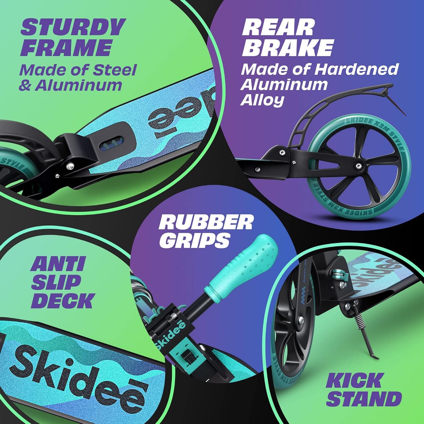 Skidee Adult & Teen Scooter - Adjustable Height, Lightweight & Durable Design | Large Wheels, Anti-Shock Suspension, 220 lbs Capacity