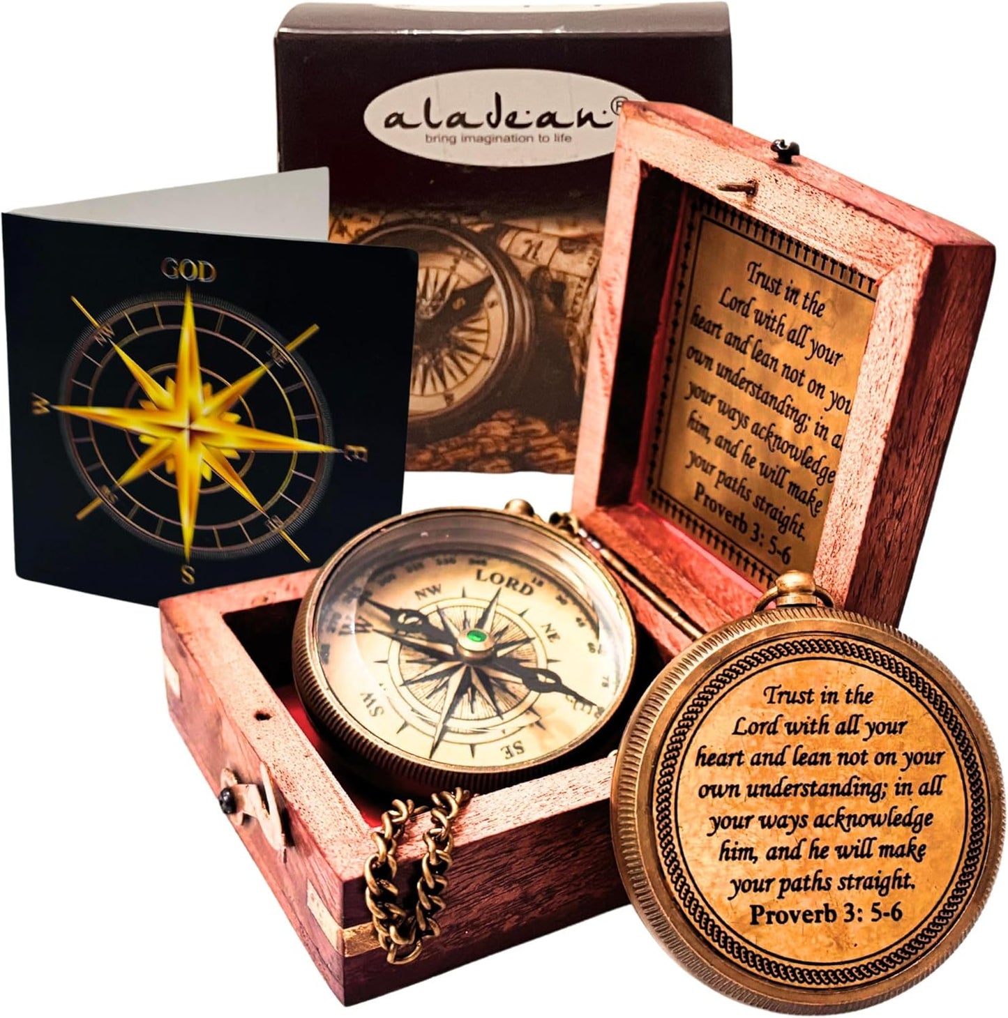 Trust In The Lord - Proverbs 3:5-6 Engraved Compass | Inspirational Gift in Wood Box for Men & Boys