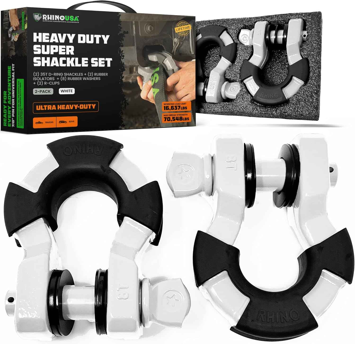 Heavy-Duty Rhino USA Super D Ring Shackles 2-Pack - 70,548lb Break Strength for Towing & Off-Road Recovery (Red)