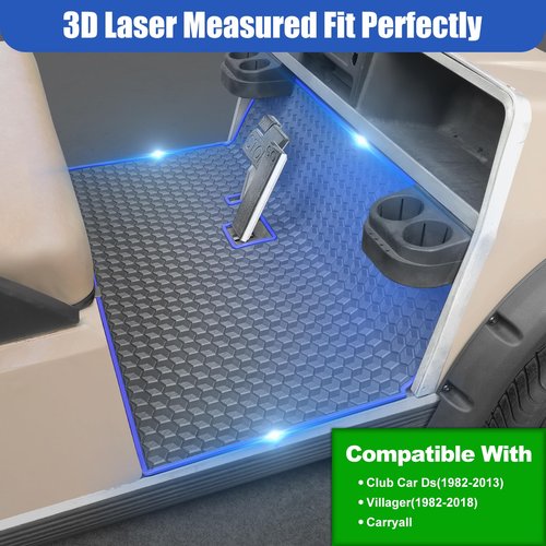 Golf Cart Mat for Club Car Ds Floor Liner Unique Cube Square Patent Design Fits Club Car DS 1982-2013 / Villager 1982-2018 Blue Trim
