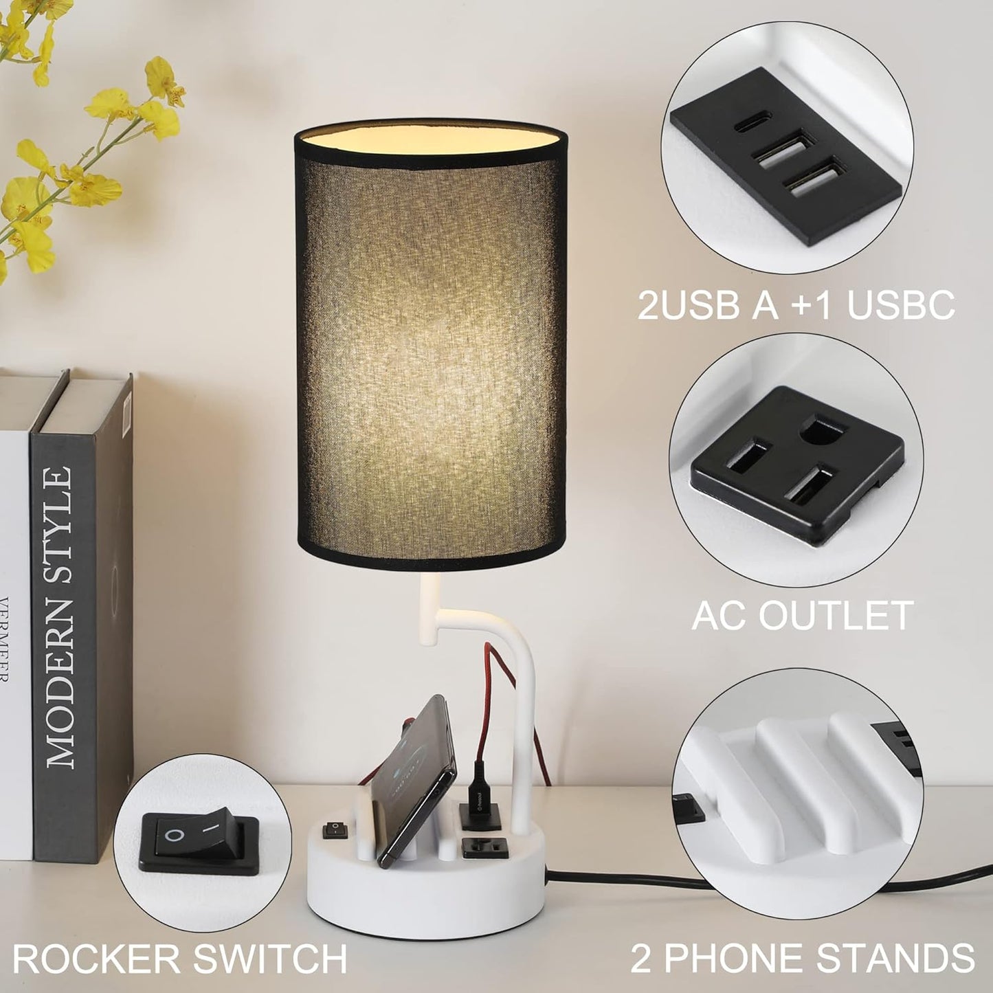 Modern Table Lamp with 3 USB Ports & AC Outlet - Set of 2 Bedside Desk Lamps in Silver