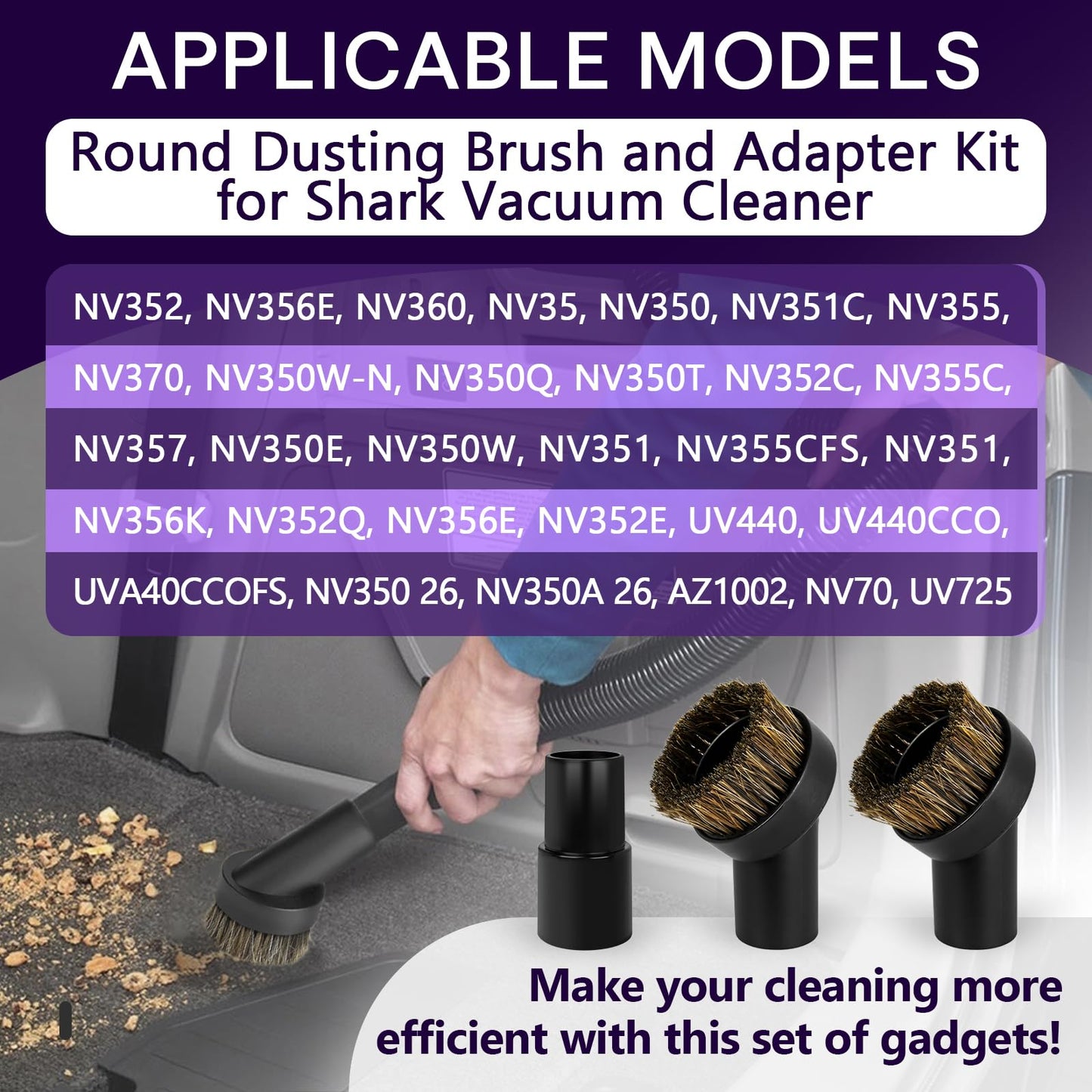 3PCS Horse Hair Brush Vacuum Attachment Set - Black Round Horse Hair Vacuum Attachments & Brushes - Shop Vac Brush Attachment for Most Vacuum Cleaners Accessories - 1 1/4" Vacuum Attachments Included