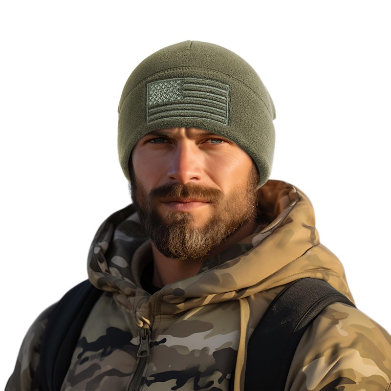 OUTDOOR SHAPING American Flag Fleece Watch Cap, All Season Army Military Tactical Beanie, Winter Warm Hat 2 Pack Black+Army Olive