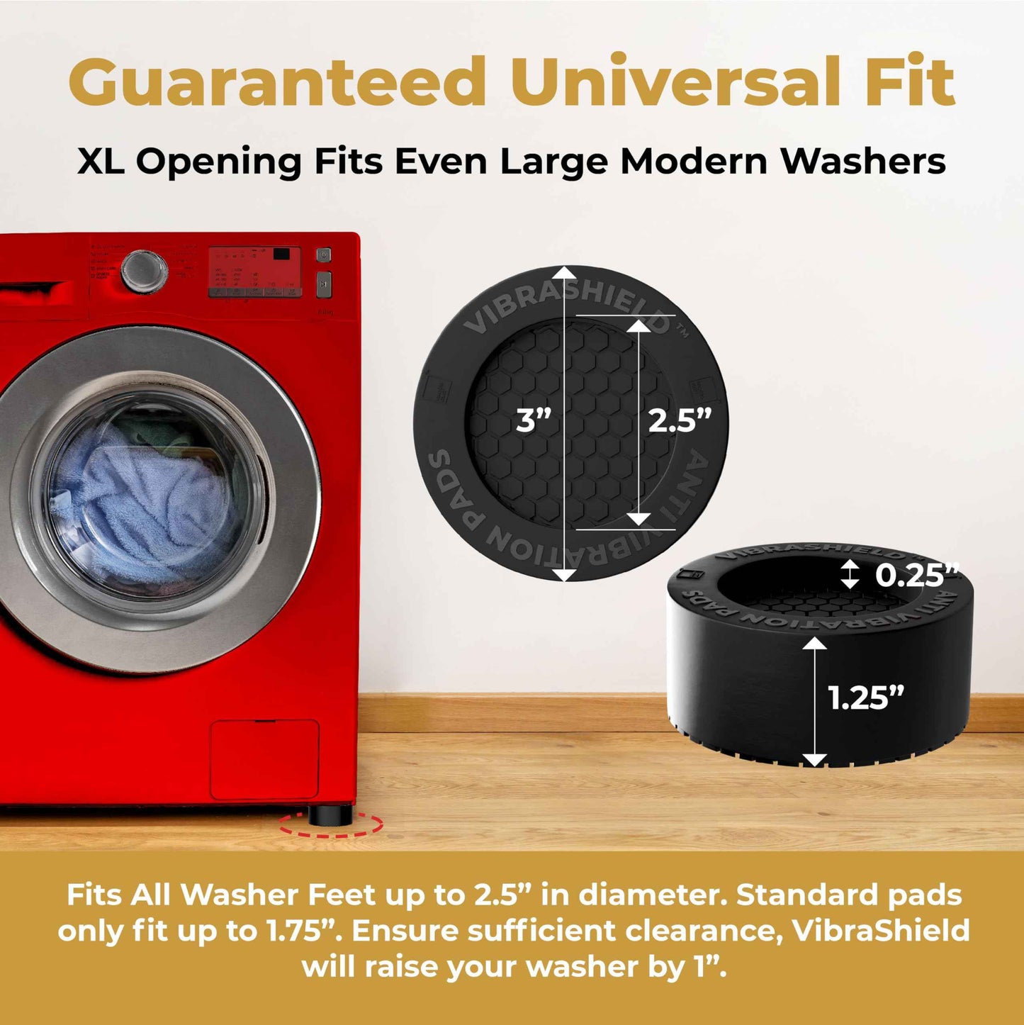 Anti Vibration Pads for Washing Machine with HexaGrip - Stops Washer Dryer Moving, Walking - Prevents Noise, Vibration Transfer - Rubber Antivibration Stabilizer Support Feet Mat - VIBRASHIELD 4 Pack