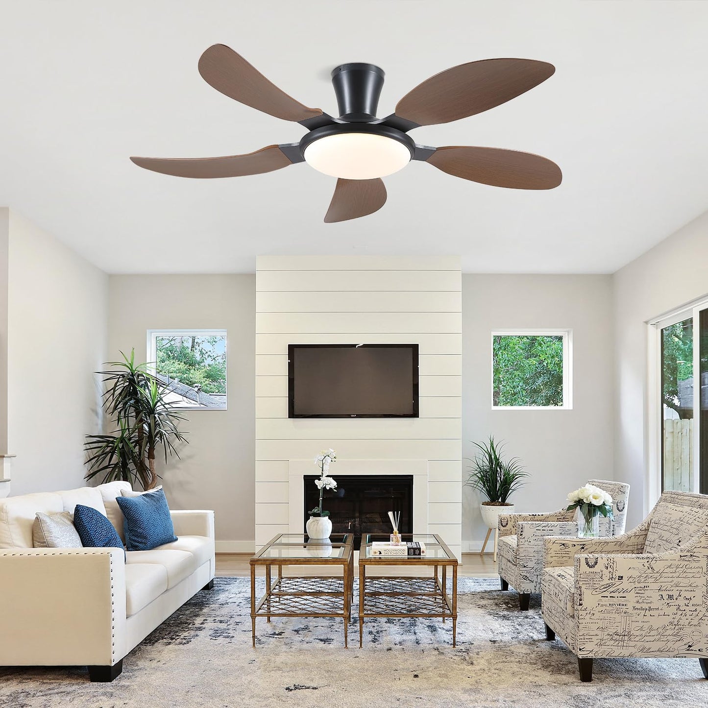 PHORUS 52" Low Profile Ceiling Fans with Lights and Remote,Modern Flush Mount Ceiling Fans with Quiet Reversible DC Motor, Dimmable 3 Colors 6 Speeds