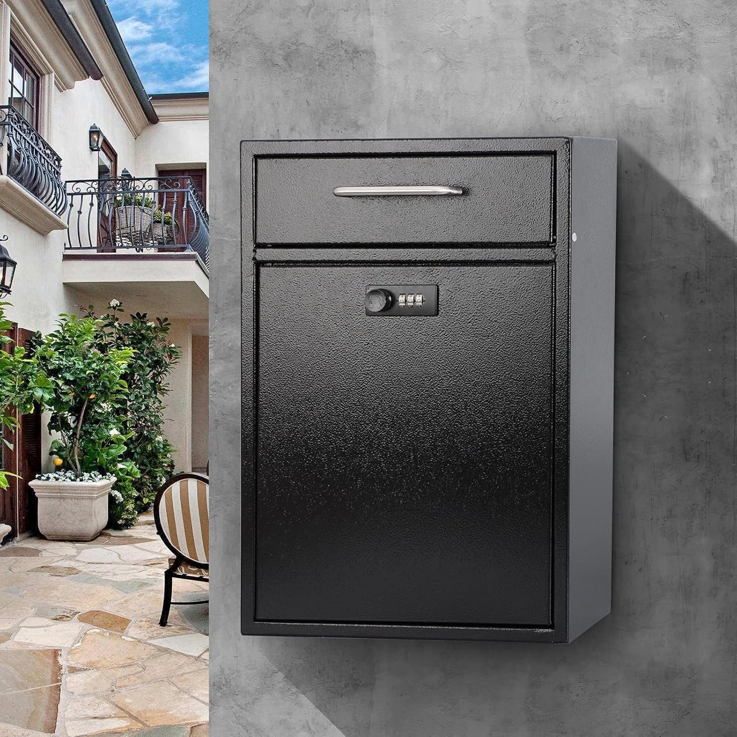 Secure Wall-Mount Mailbox with Lock | KYODOLED Large Steel Drop Box, Black, 16.2H x 11.22L x 4.72W