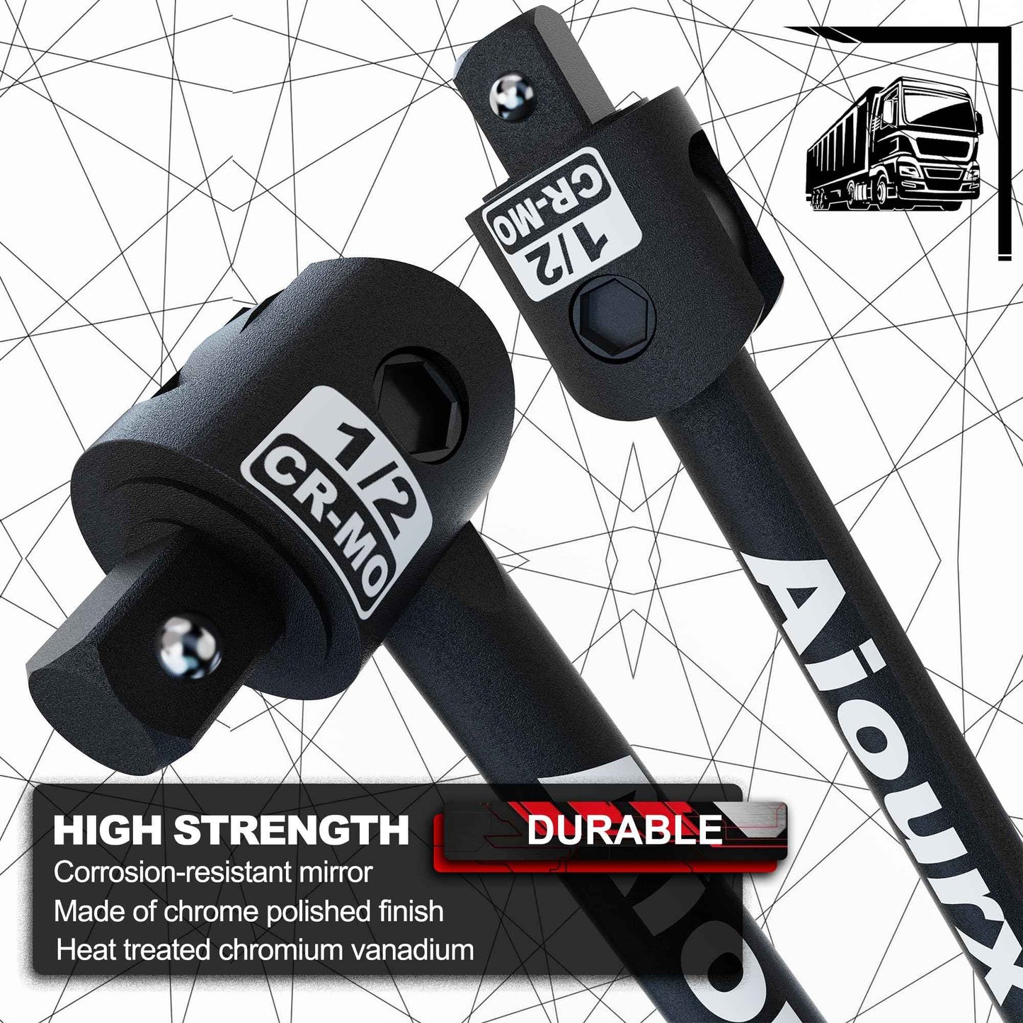 Aiourx 1/2'' Drive 17.5-Inch Breaker Bar, 250° Heavy Duty Head, Ball Lock Function, Chromium-Molybdenum Steel, Striking Laser Specifications, High Temperature Quenching Rod Body