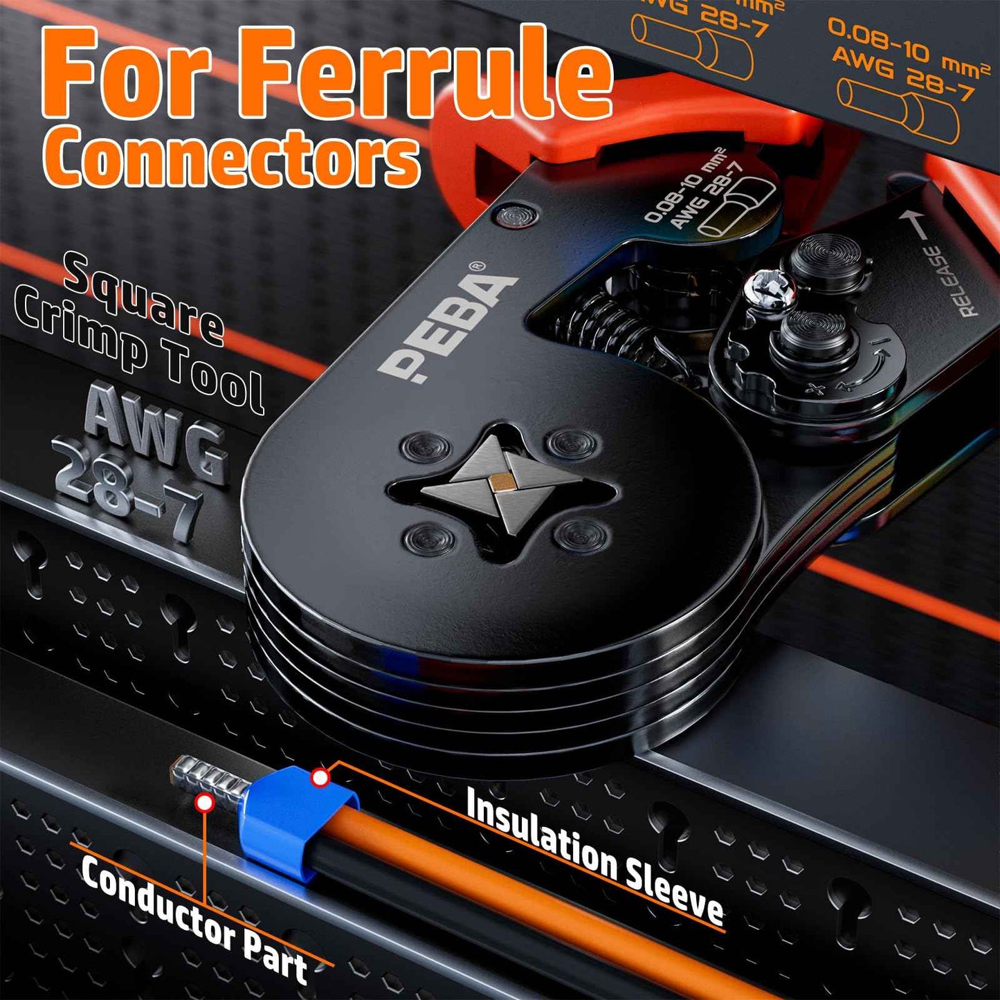 PEBA Ferrule Crimping Tool Kit, Square Pliers AWG28-7 & 21 Sizes Ferrules(AWG24-8) for Electrical Wiring/DIY Terminals | Self-Adjusting Ratchet Crimper - Copper Ferrule Kit