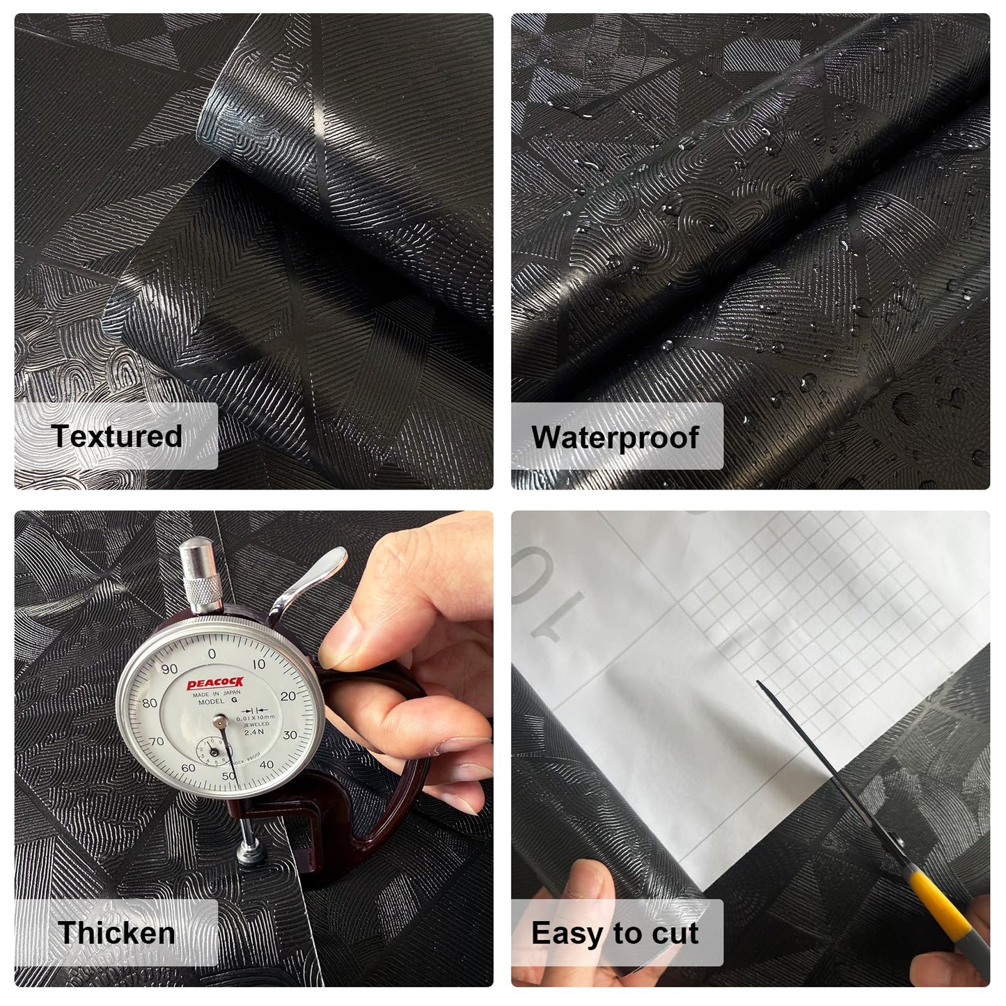 Zeeko Black Textured Peel and Stick Wallpaper 3D Embossed Geometric Linear Contact Paper Removable Waterproof Wall Paper 17.3" x 80"