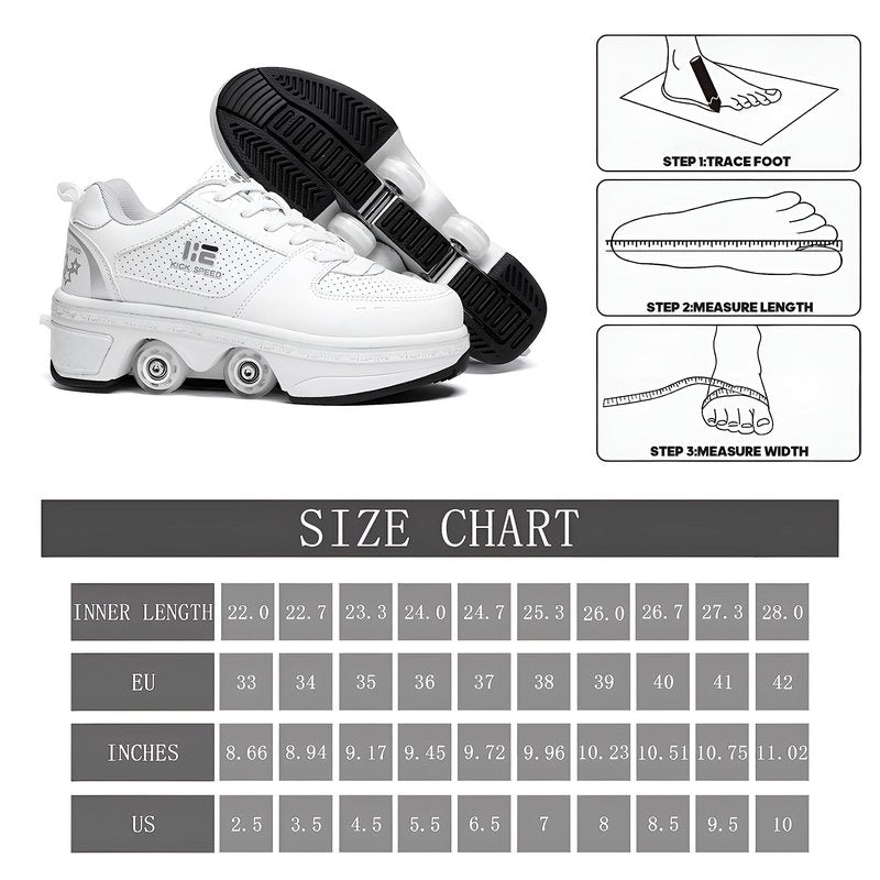 Pairobin 2-in-1 Roller Skates Shoes with Retractable 4 Wheels & Pop-Out Deformation Sneakers Outdoor Sports Skating Shoes for Girls Boys, White, 3.5