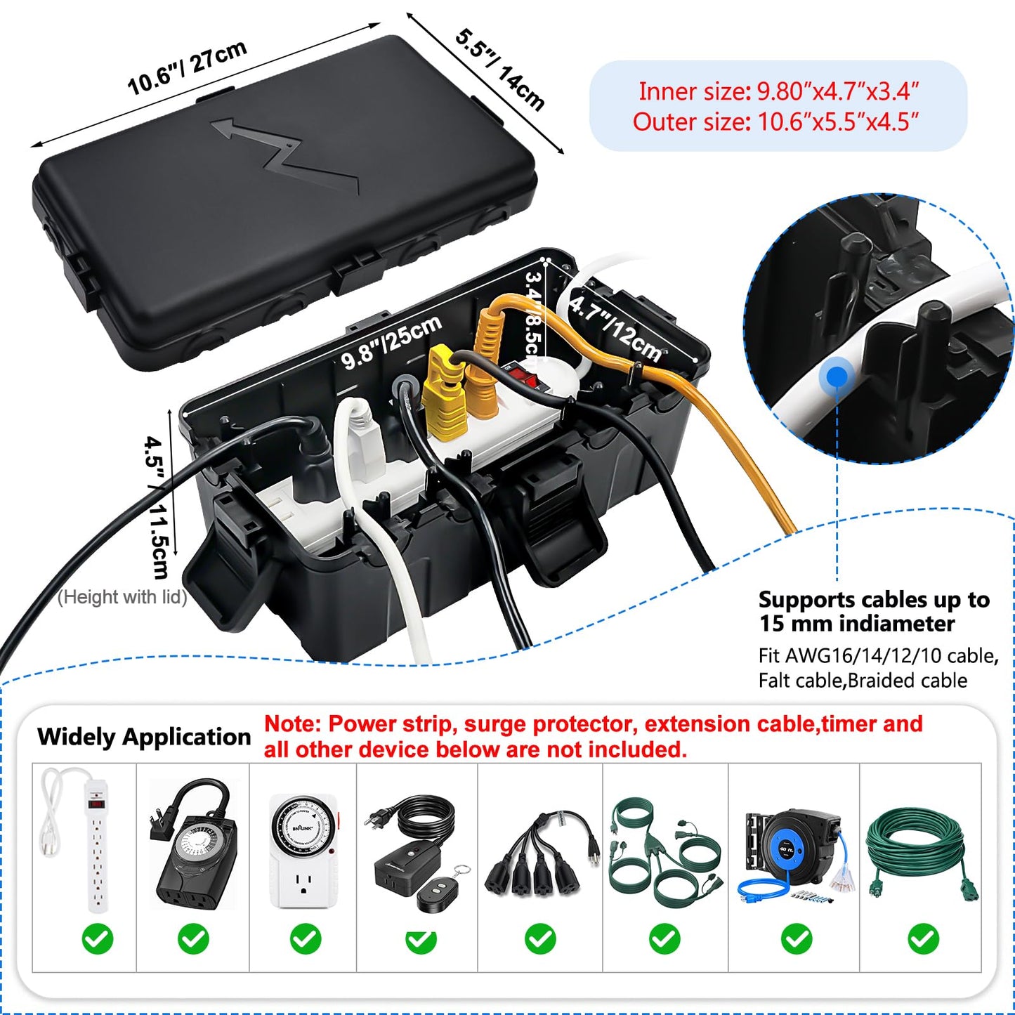 Hrensaw Medium Outdoor Electrical Box(10.6x5.5x4.5inch),IP54 Waterproof Extension Cord Cover w/6 Cable Entry,Weatherproof Connection Box Protect Power Strip,Timer,Plug,Holiday Lights,Black