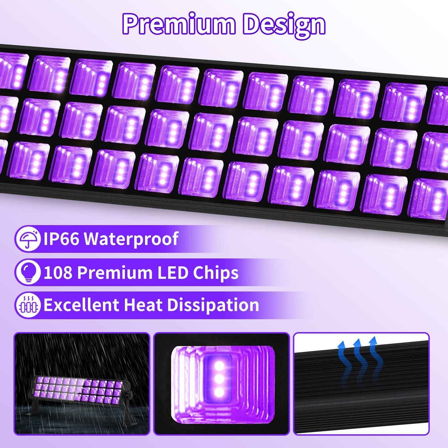 72W Black Light Bar IP66 Waterproof, LED Blacklight with Plug+Switch+5ft Cord, Outdoor Black lights with 108 LEDs, for Neon Glow in the Dark Party Halloween Decor Body Paint Fluorescent Poster, 3 Pack