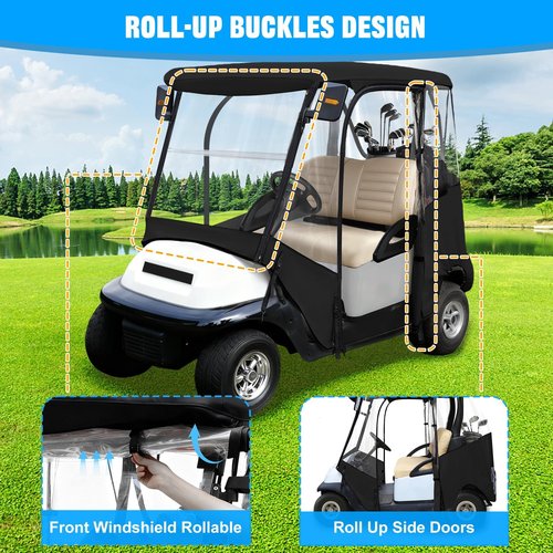 iLSKW Golf Cart Driving Enclosure 2 Passenger Only for Club Car Precedent 2004-Up, Tempo & Onward 2017-Up Cart with Roll Up Door Zipper Design, 4-Side Clear Windows 600D Heavy Duty Rain Cover, Black