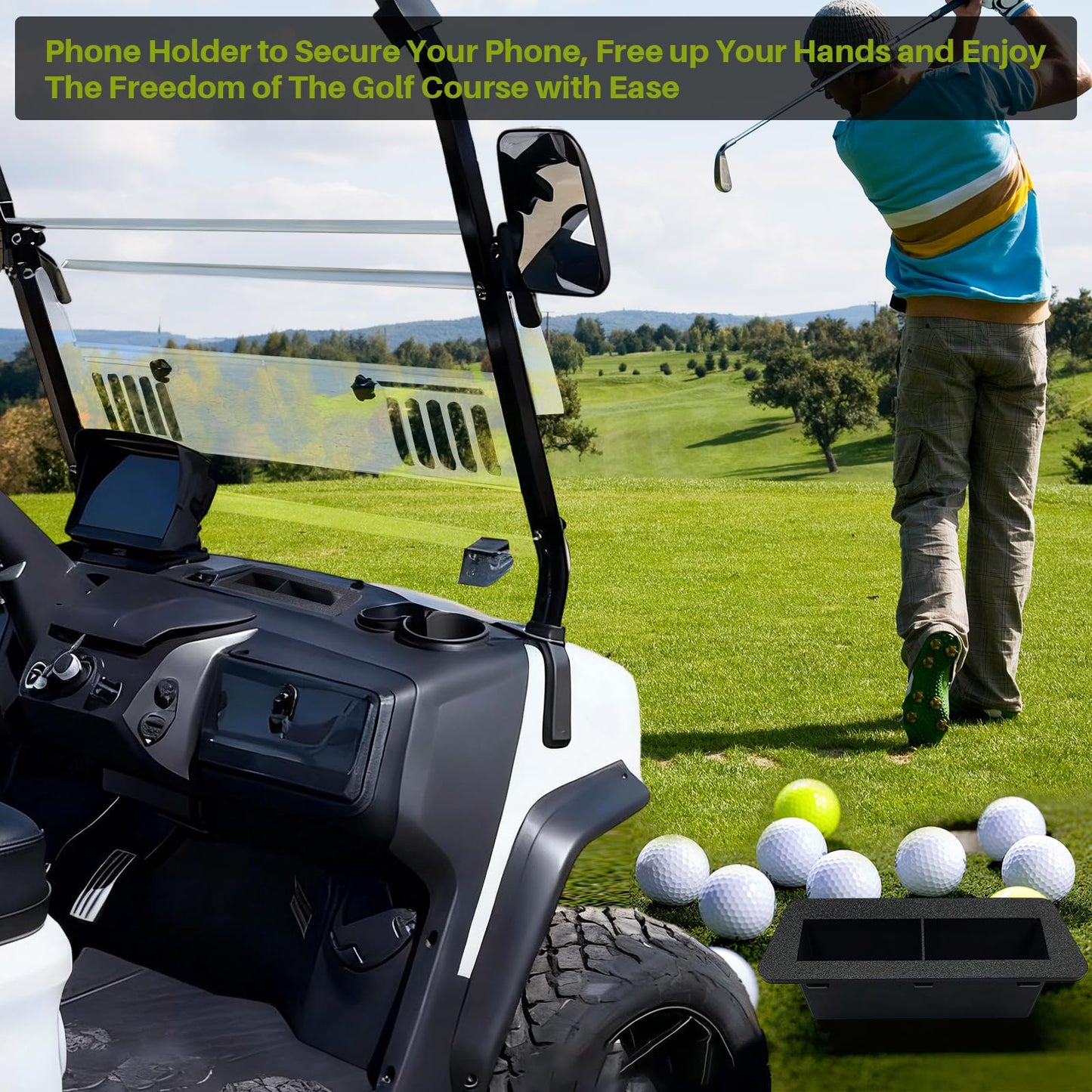 Golf Cart Phone Holder Compatible with Evolution D2 Classic, Carrier & Forester, EV Golf Cart Golf Ball Holder Replacement Insert with Drain Hole, Ev Golf Cart Accessories, Black EV Golf Cart Parts