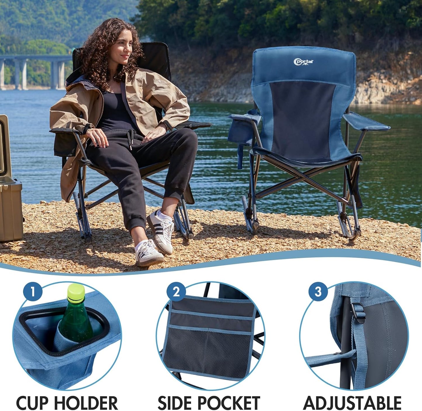 Portal Outdoor Rocking Chair - Portable Folding Rocker with Cup Holder & Carry Bag | Supports 350lbs, Midnight Blue