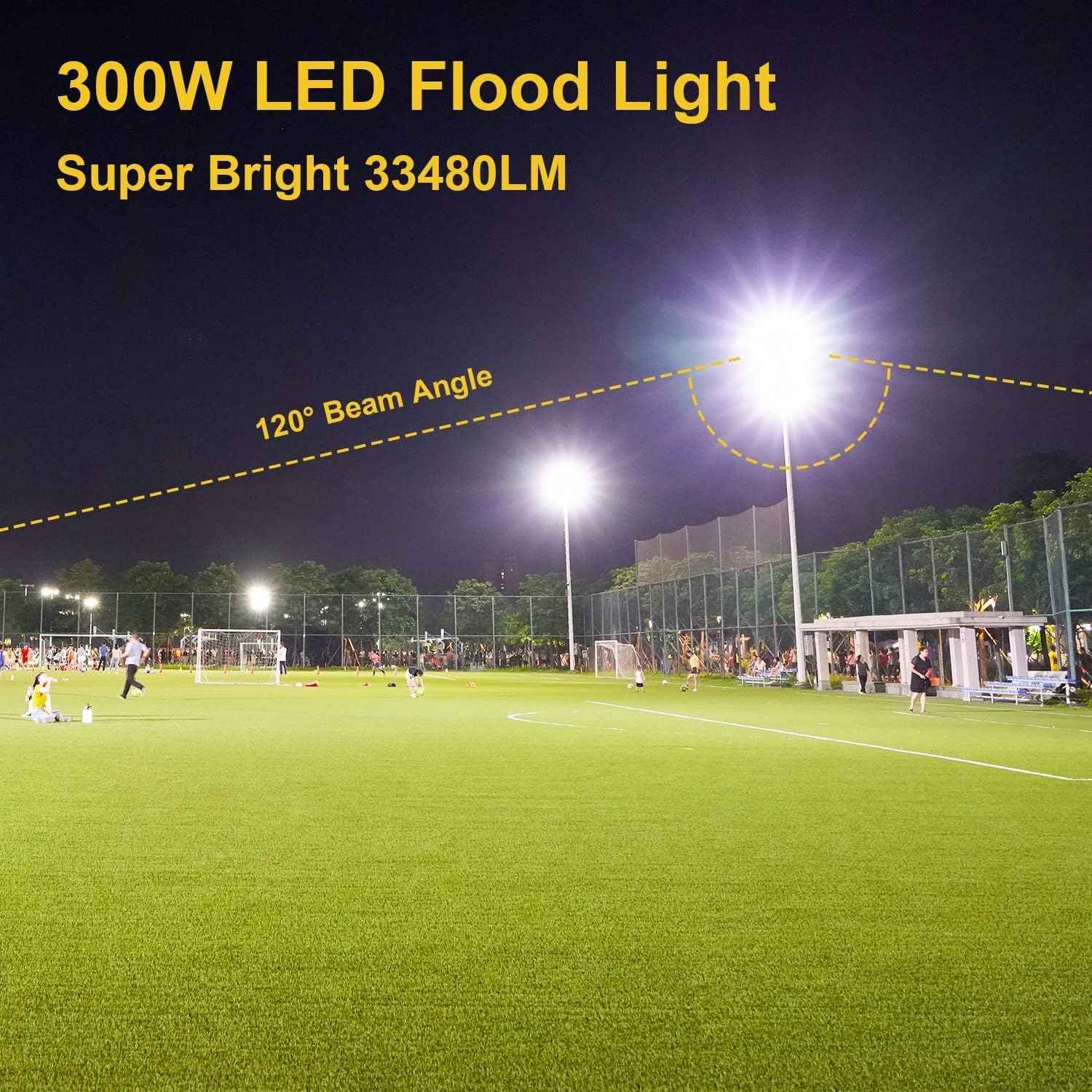 300W LED Flood Light - 2000W Equivalent, 5000K Daylight, 43500LM Waterproof Commercial Lighting for Sports Fields & Stadiums