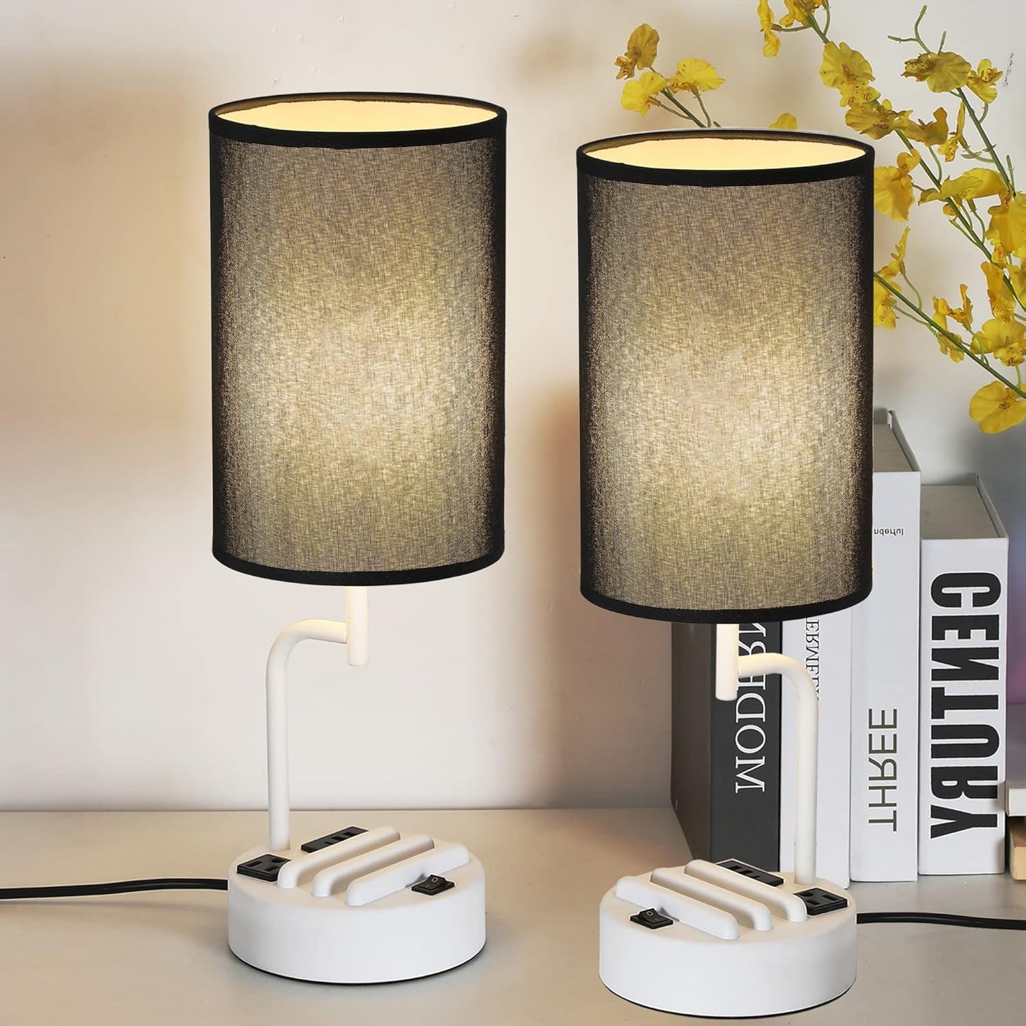 Modern Table Lamp with 3 USB Ports & AC Outlet - Set of 2 Bedside Desk Lamps in Silver
