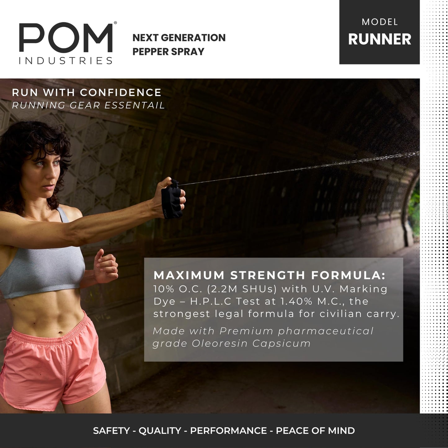 POM Pepper Spray Runner Model - Max Strength OC Spray - Athletic Stretch-Fit Glove, Breathable & Ambidextrous Design, Essential Runners Safety Gear, Flip Top, 35+ Bursts, 10-12 ft Range
