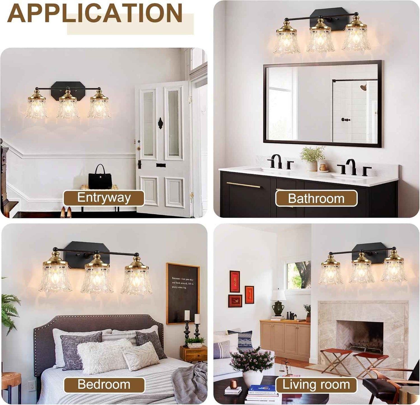 3-Light Vintage Bathroom Vanity Light Fixture - Black & Gold Antique Design with Crystal Glass Shade