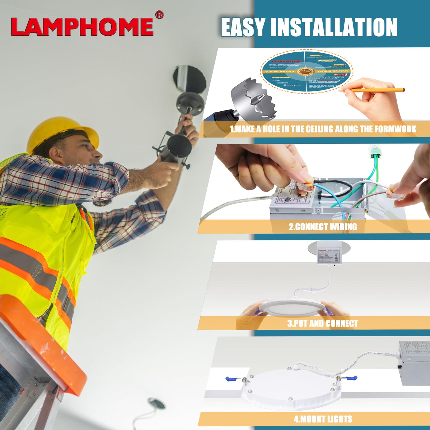 LAMPHOME 1-Pack of 4-Inch Slim LED Recessed Lights with Junction Box, Adjustable Color Temperatures (2700K-5000K), 9W Equivalent to 75W, Dimmable, 950LM Brightness - ETL and Energy Star Certified