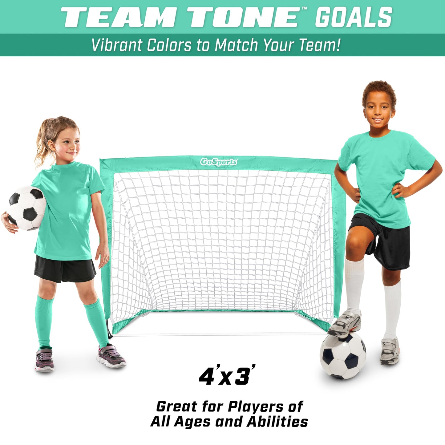 GoSports Team Tone 4 ft x 3 ft Portable Soccer Goal for Kids - Pop Up Net for Backyard - Turquoise