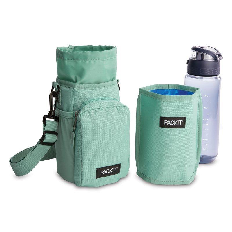 PackIt Freezable Hydration Crossbody Water Bottle Carrier with Strap, Fits 32,40 oz and 64 oz - Triple Function Design, Removable Freezable Insert, Adjustable Crossbody Strap, Front Zip Pocket - Sage