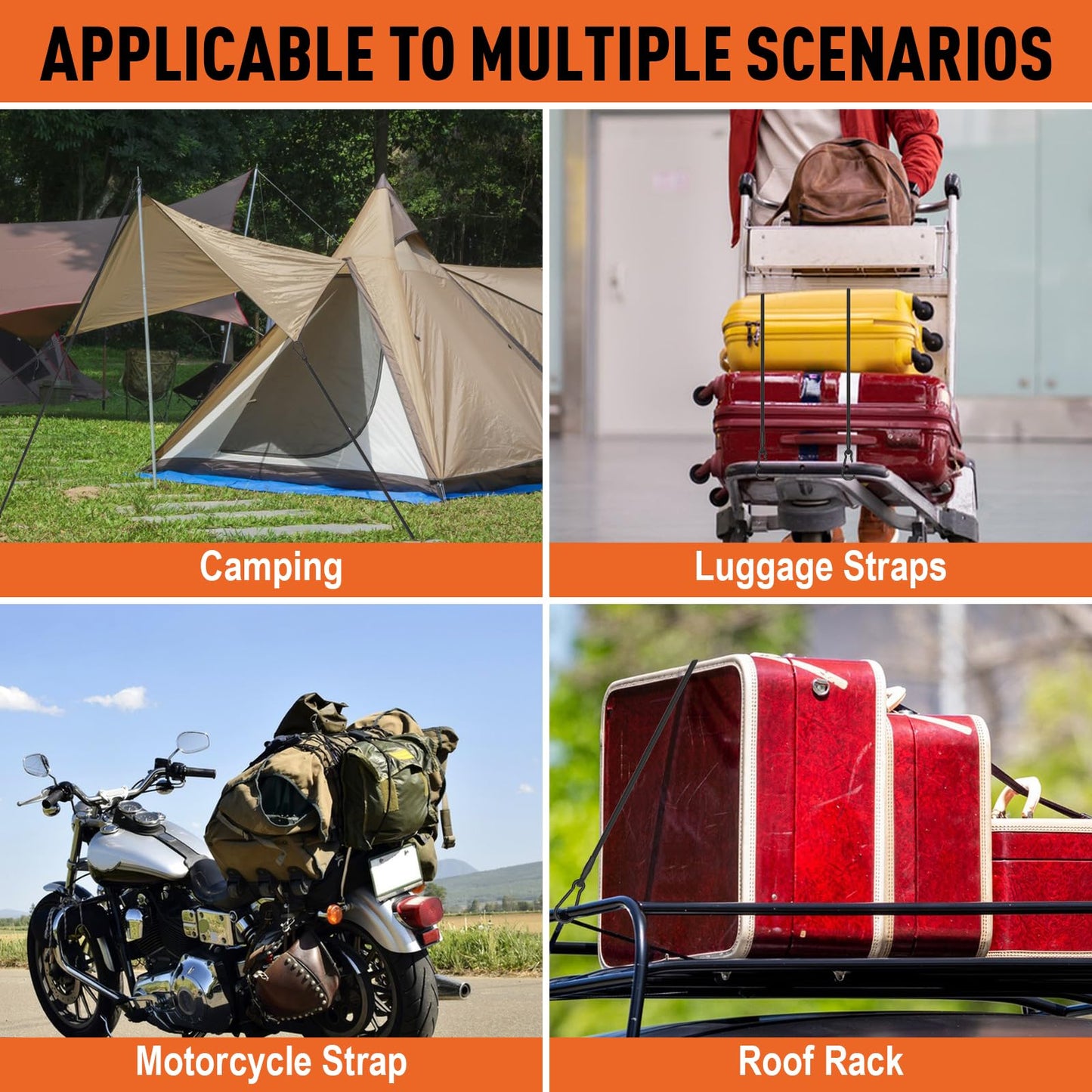 4 Pack 12 Inch Bungee Cords with Carabiner Hooks – Heavy Duty 1/3 Inch Elastic Rope for Secure Camping Gear, Tent Setup, and Bike Rack