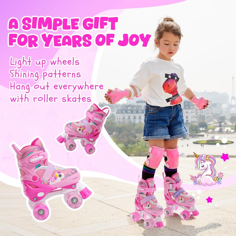 SUPER YOUNGSTER Adjustable Light Up Kids Unicorn Roller Skates for Girls Ages 4-6 5-8 8-12,Toddlers Beginner Cat Roller Skates