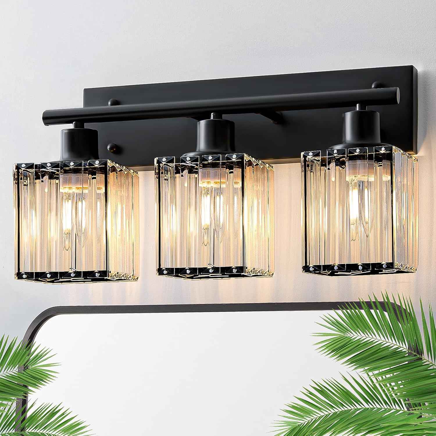 Modern 3-Light Crystal Vanity Light Fixture for Bathroom & Bedroom - Black Finish