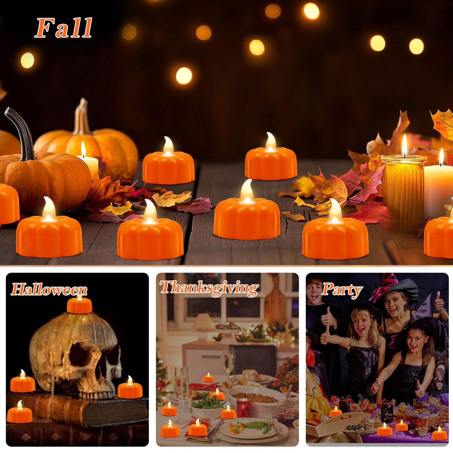 12 Pack Pumpkin Tea Lights Halloween Decorations, LED Orange Pumpkin Lights FlameLess Candles Battery Operated Thanksgiving Flickering Tealights Candles for Table Home Party Christmas Fall Decor