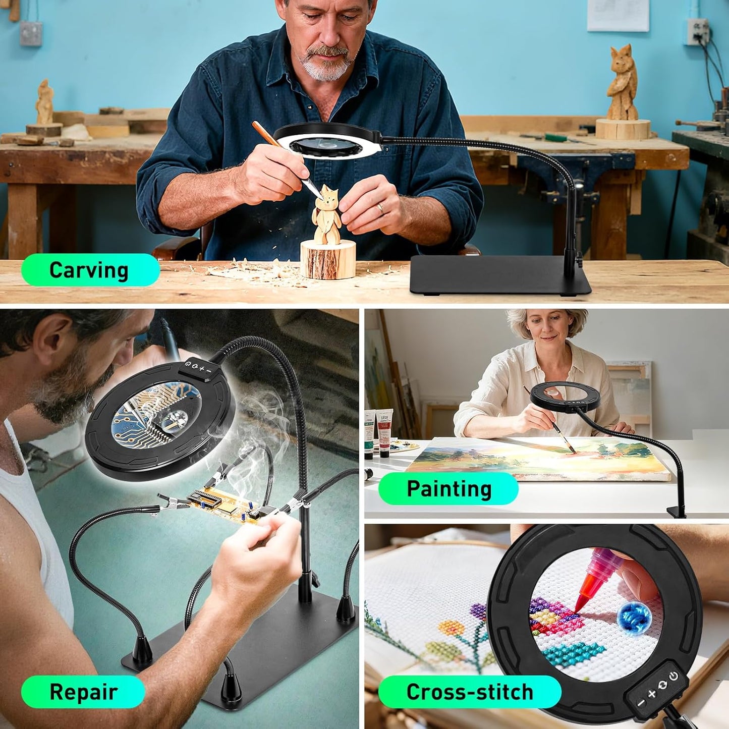30X/12X LED Magnifying Glass with Light & Stand - Dimmable Soldering Helper for Crafts & Repairs