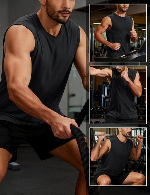 TACVASEN Men's Tank Tops Sun Protection Breathable Sleeveless Muscle Shirts for Workout Running Moisture Wicking Black L