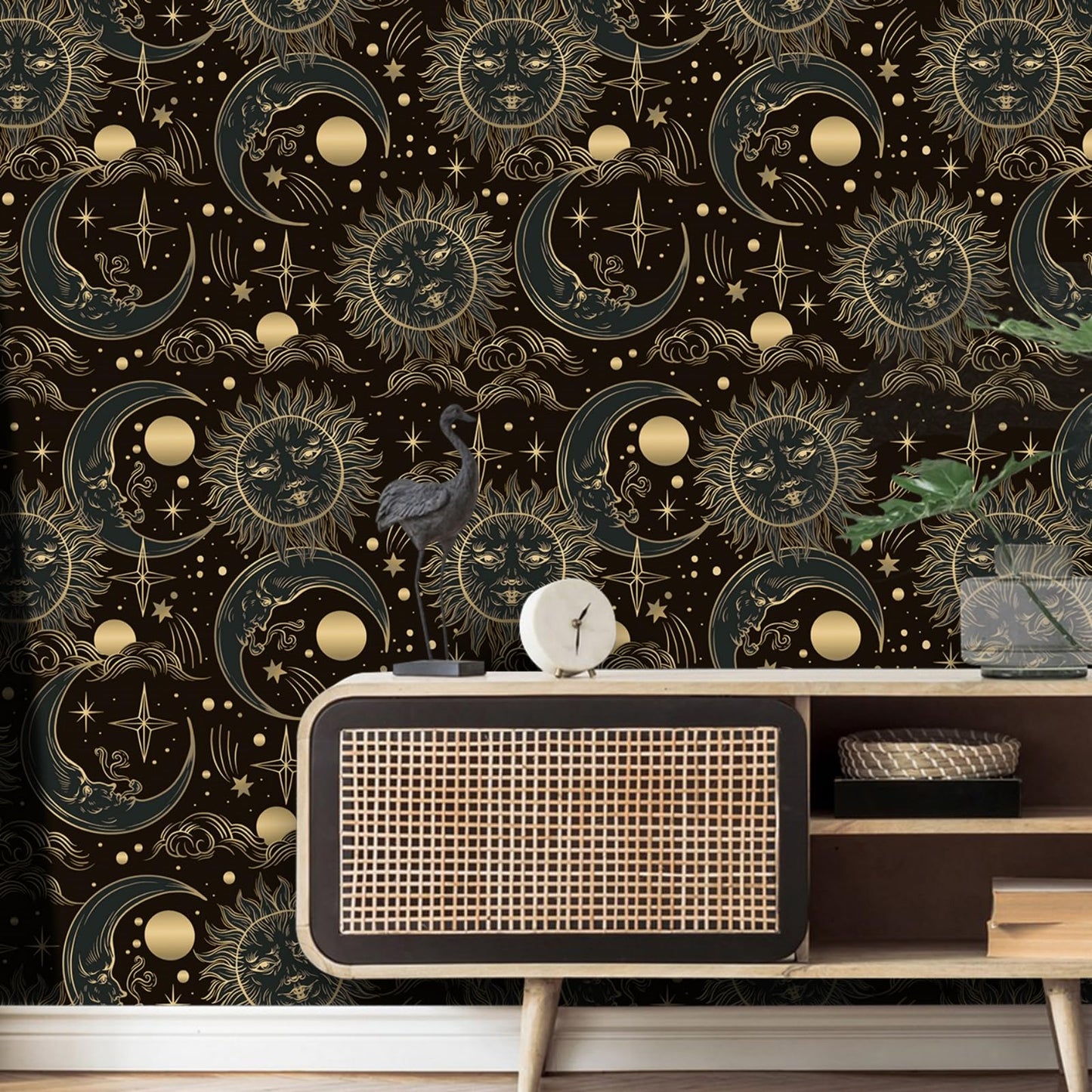 WENMER Celestial Wallpaper 17.3” X 118” Gothic Peel and Stick Wallpaper Dark Brown and Yellow Contact Paper Sun/Moon/Star Wallpaper Self Adhesive Vintage Night Sky Wallpaper for Bathroom Bedroom