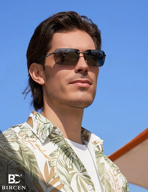 BIRCEN Mens Polarized Sunglasses for Driving: Rimless UV Protection Sun Glasses with Al-Mg Frame for Traveling Fishing