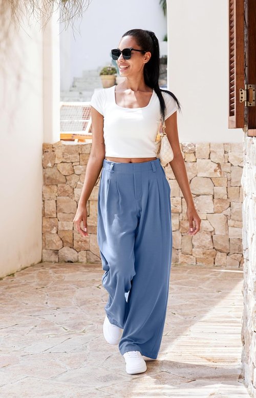 Libin Women's Wide Leg Pants - High Waisted Waffle Knit Casual Trousers with Pockets | Denim Blue, XL