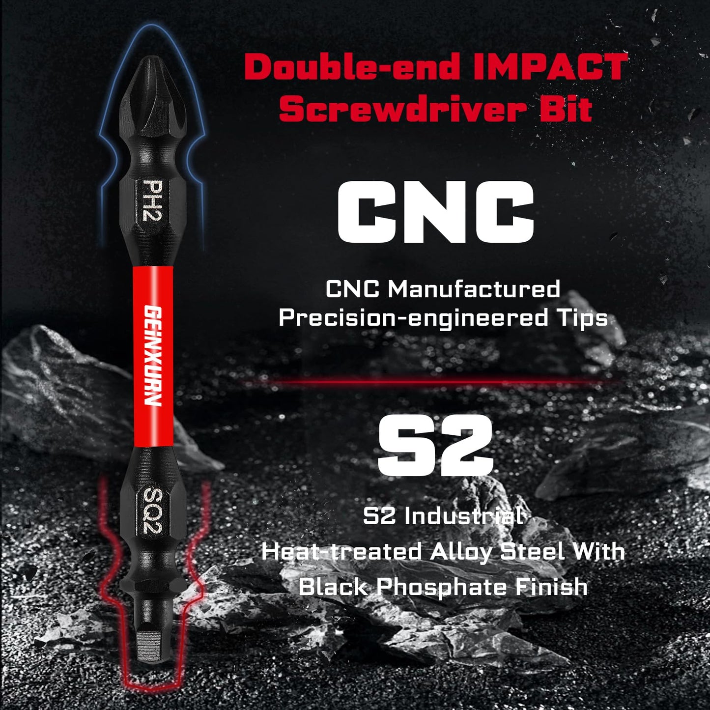 Geinxurn 10Pcs PH2-SQ2 Impact Double End Screwdriver Bit Set, 2.56 in. #2 Phillips /#2 Square Power Driver Bits, Magnetic S2 Steel Two Sides Screwdriver Bits Set with Storage M-Box