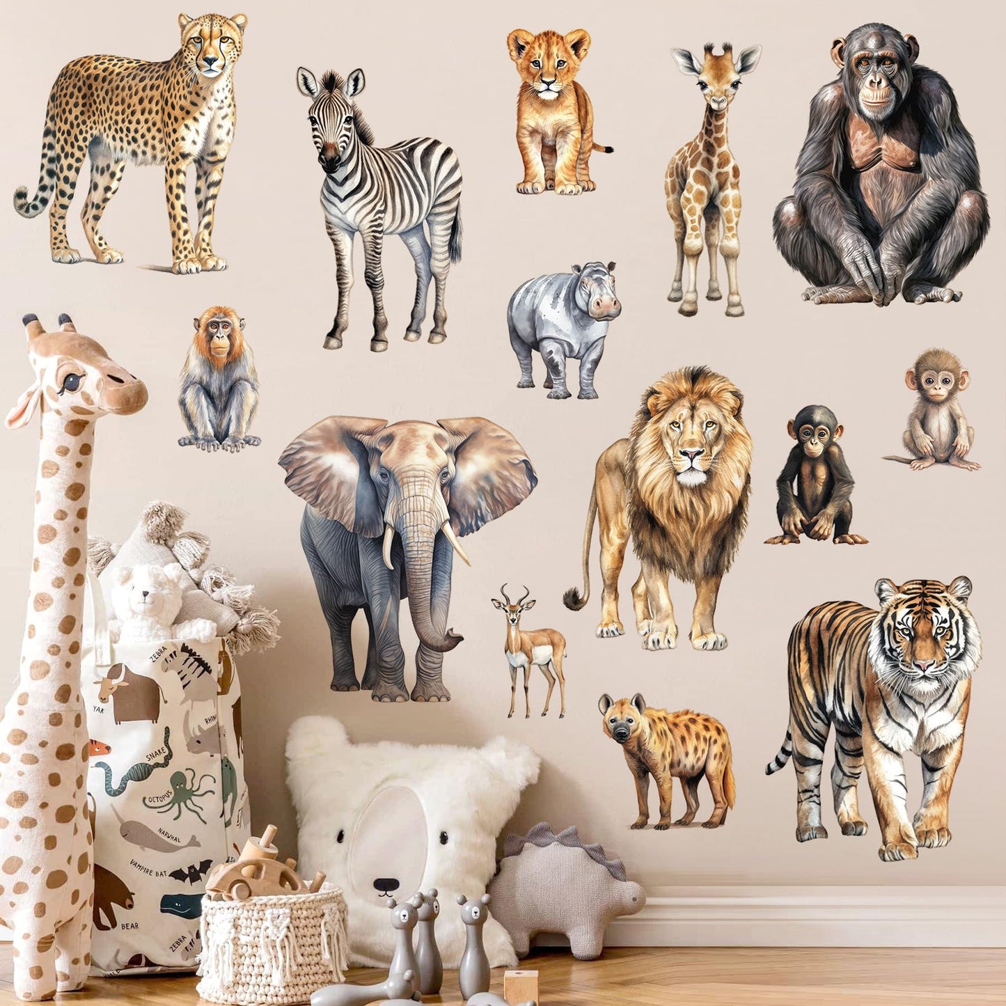 AM AMAONM Removable 3D Nature Jungle Wild Animals Wall Stickers DIY Peel and Stick Safari Tiger Lion Elephant Wall Decals Aniaml Wall art Decor for Kids Baby Bedroom Nursery Living Room (Anaiml Party)
