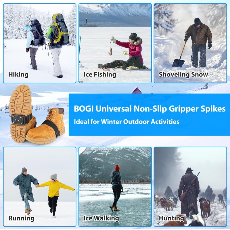 BOGI Ice Cleats Crampons, Rotatable Traction Ice Cleats for Shoes and Boots with Tungsten Studs Ice Grippers for Shoes with Adjustable Straps for Men Women in Winter Indoor/Outdoor