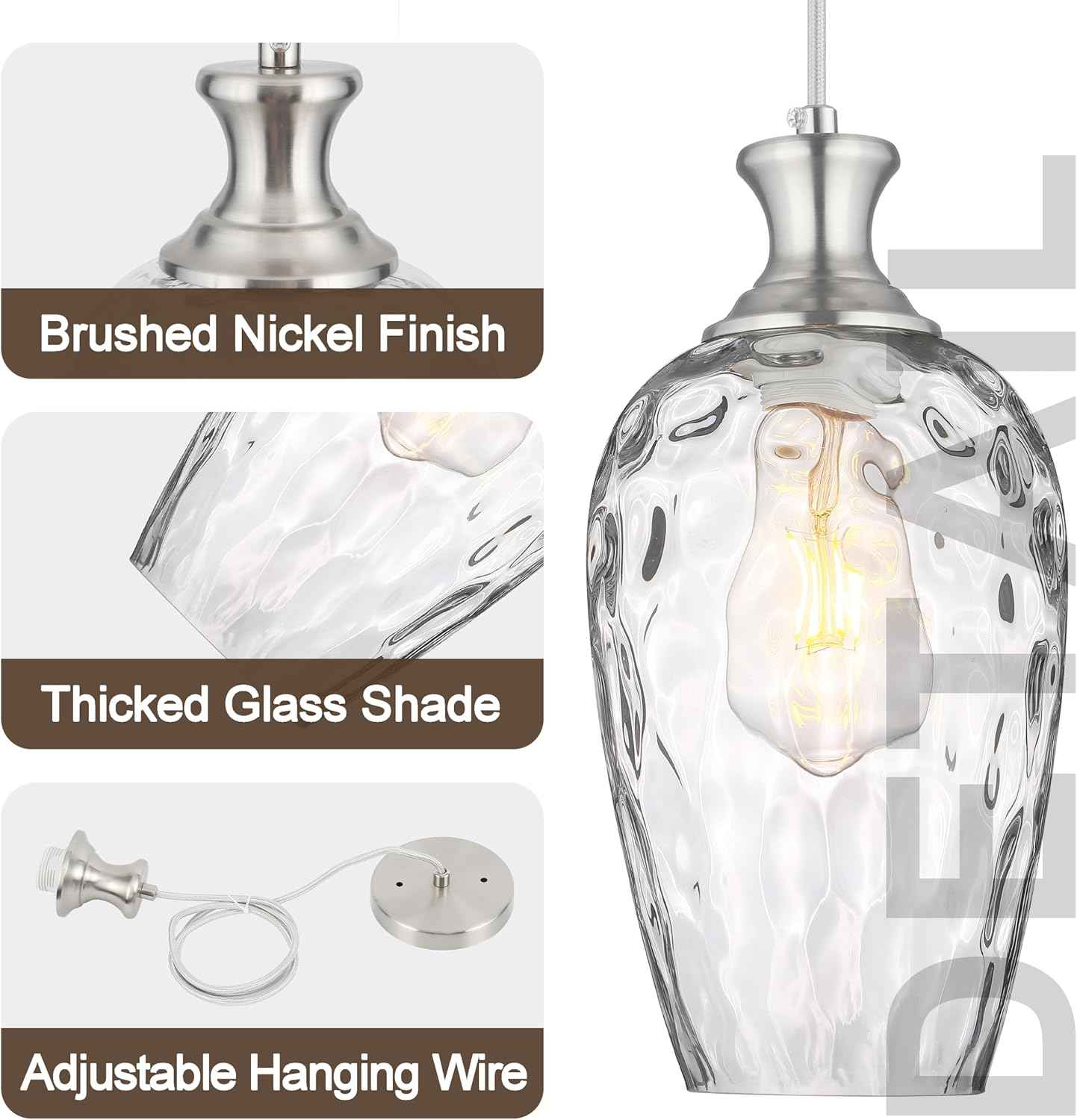 Brushed Nickel Glass Pendant Light Fixture - Modern 1-Light Hanging Lamp for Kitchen Island & Dining Room