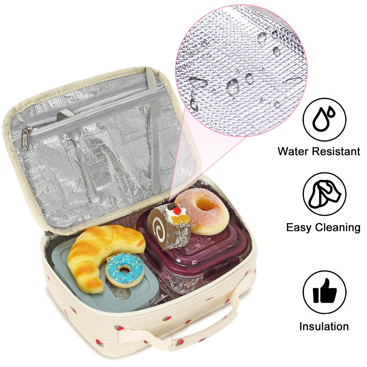 Bluboon Insulated Lunch Bag for Girls & Boys, Corduroy School Lunch Box with Cooler & Organizer Compartments, Leak-Proof Lunch Tote for School, Travel (Corduroy Strawberries Beige)