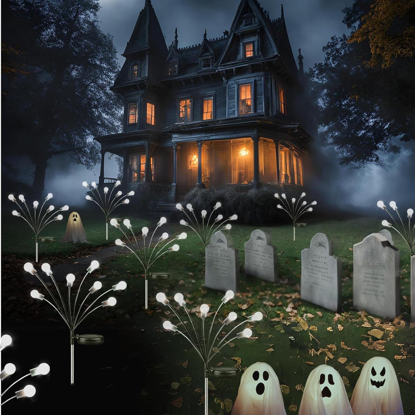 48 LED Solar Halloween Lights - 6 Pack Purple & Orange Waterproof Firefly Lights for Garden & Patio Decor