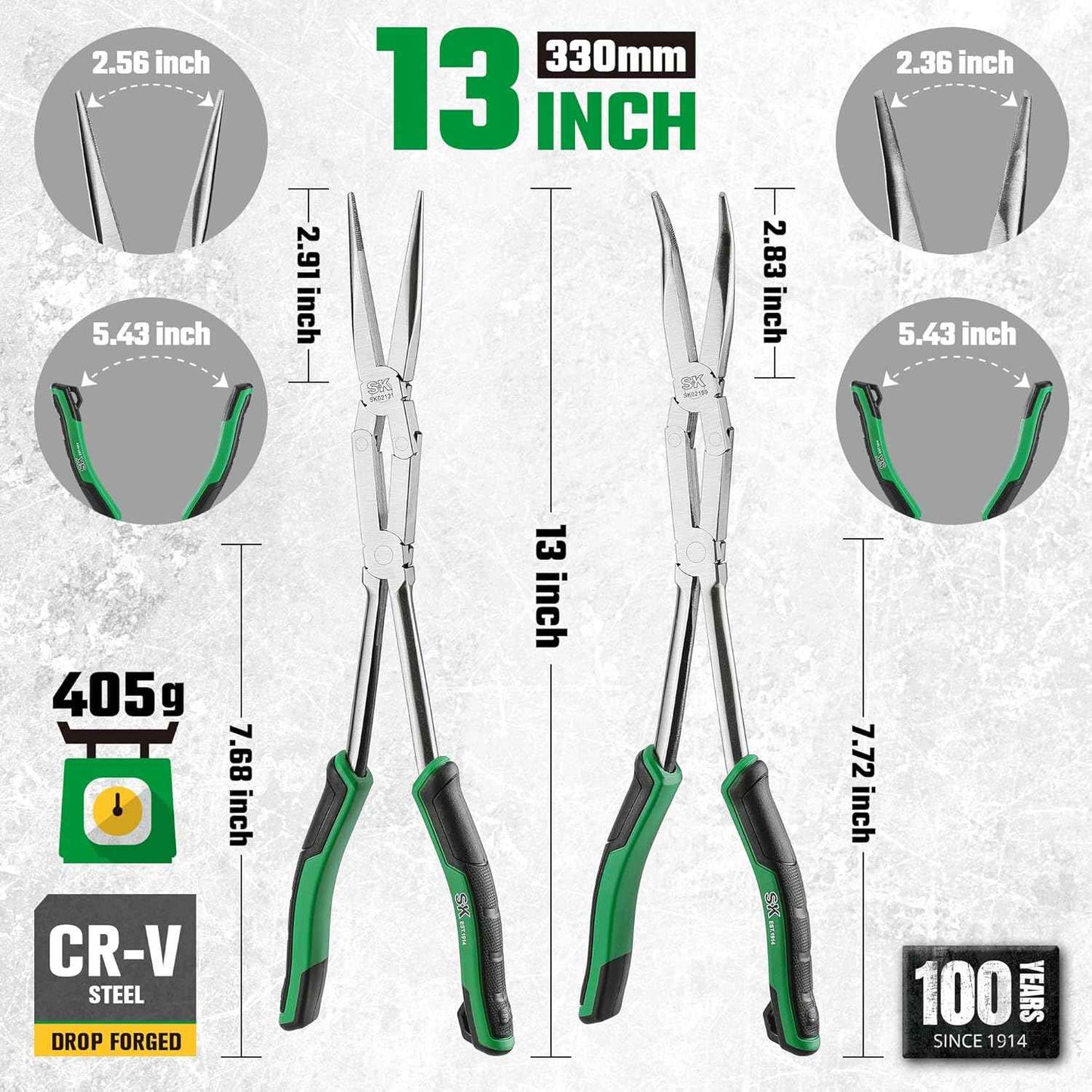 Premium 2-Piece Long Reach Pliers Set - 13-Inch Straight & 45° Bent Nose with Comfort Grips