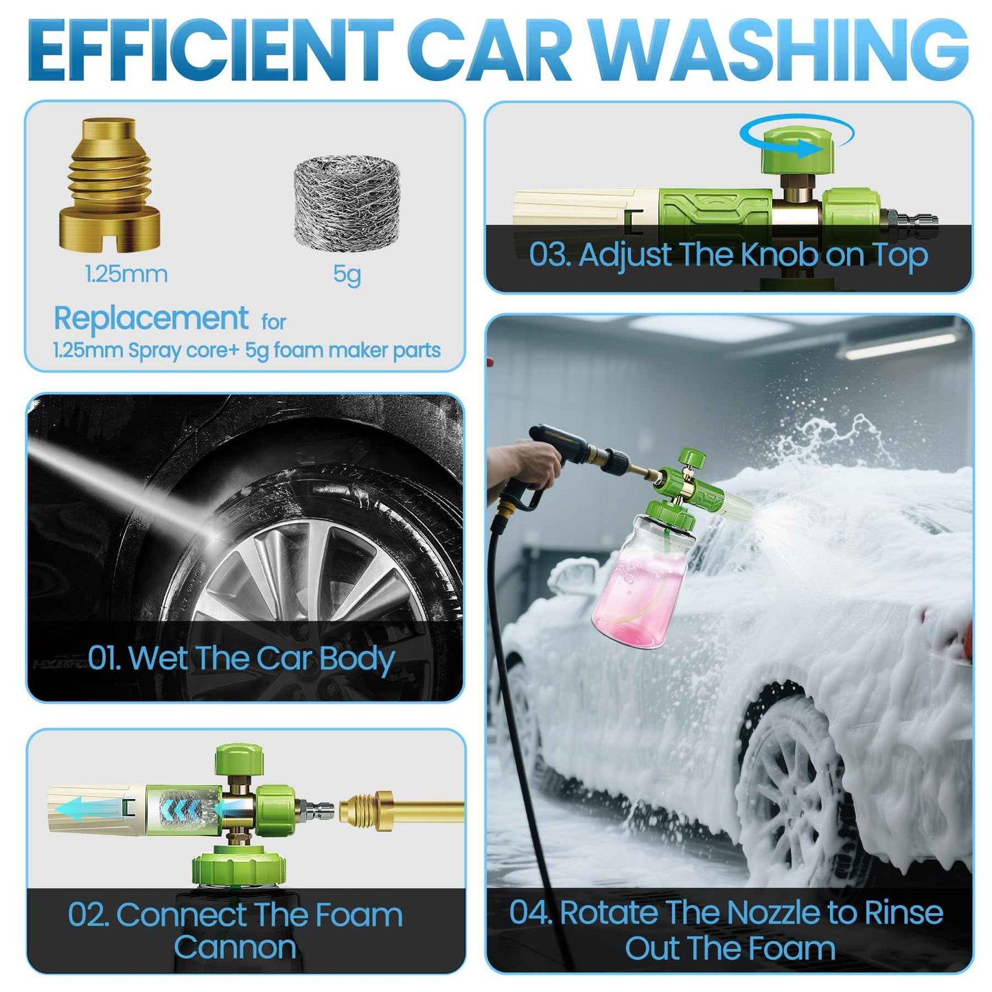 LanAqua Foam Cannon for Pressure Washer, Upgraded Wide Mouth Snow Foam Cannon for Car Wash, Adjustable Thick Portable Car Wash Sprayer with 1/4" Quick Connector, Additional 1.1 mm Orifice Nozzle